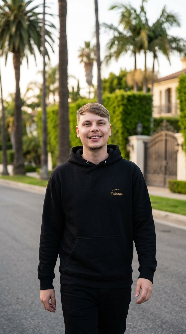 Streetwear Sweatshirt Taboga Lifestyle, worn by model on LA residential street
