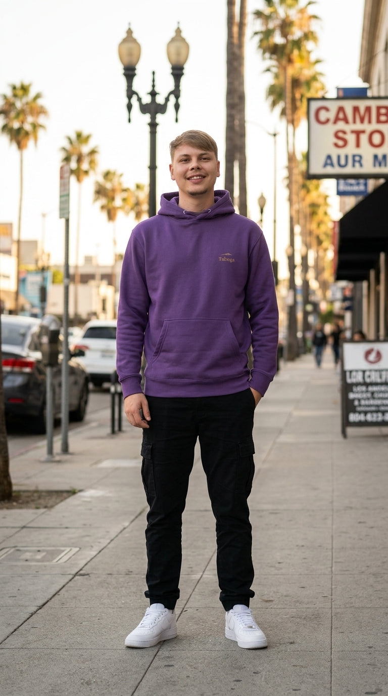 Taboga Midnight Hoodie worn outdoors, casual streetwear fit