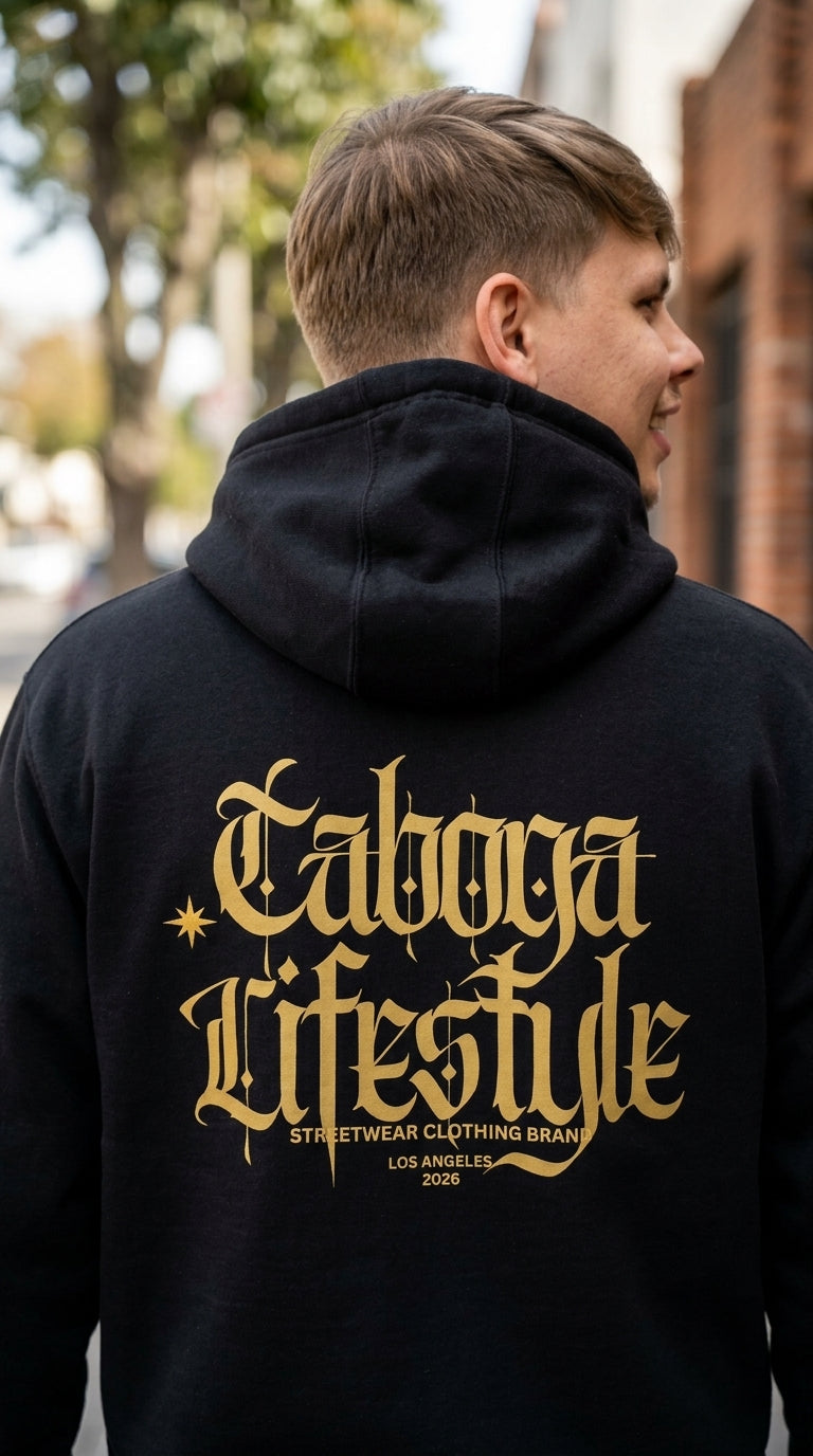 Taboga Midnight Hoodie side view, model wearing hoodie