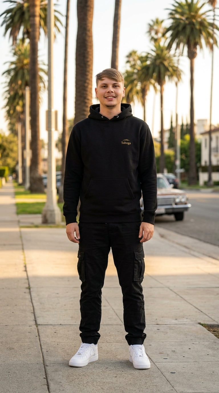 Taboga Midnight Hoodie worn by model, streetwear lifestyle photo